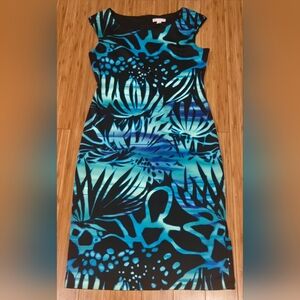NWOT CB Established 1962 Tropical Blue and Black Sleeveless Dress